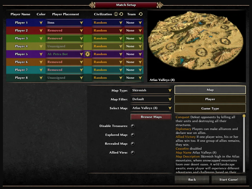 0 A.D. Release 28 Match Setup with player slots, civilization choices and the Atlas Valleys map preview.