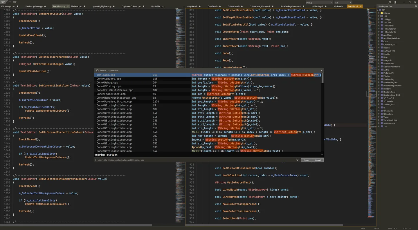 10x Editor showing C++ source files, a workspace tree and workspace search results.