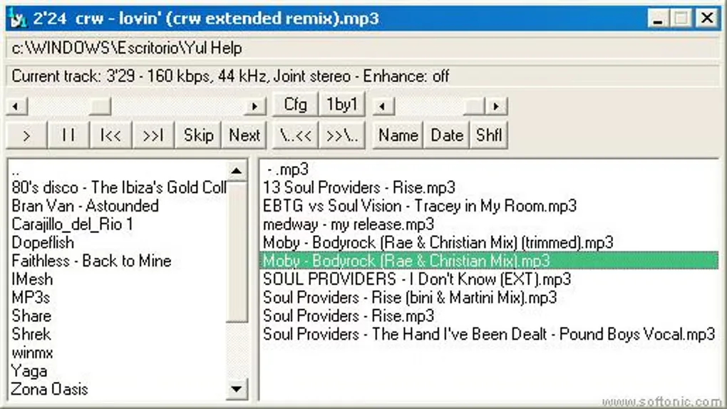 Historical 1by1 Windows interface showing folder navigation, MP3 files and playback controls