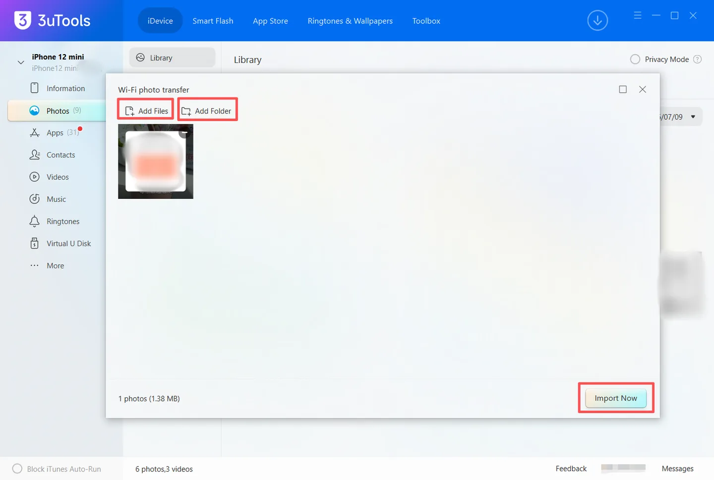 3uTools photo library and Wi-Fi photo transfer dialog in the publisher's Windows interface; Mac layout and tools may differ