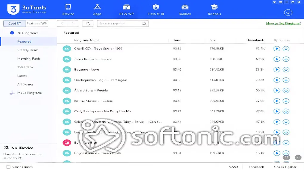 Historical 3uTools V2.50 Windows interface showing the ringtone library and toolbox tabs; Softonic watermark retained.