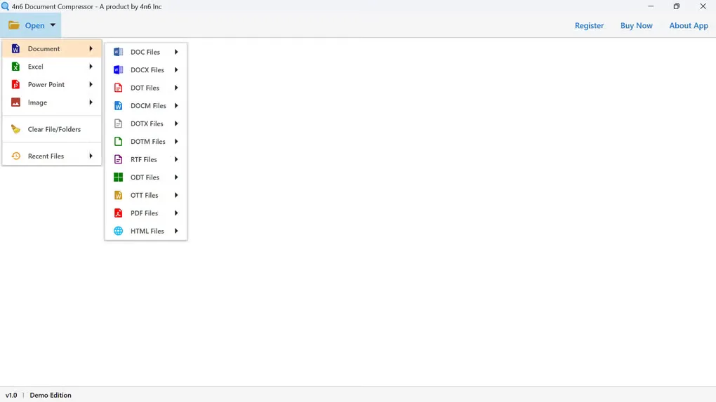 4n6 Document Compressor for Windows with the Open menu expanded to show document formats including DOCX, ODT and PDF