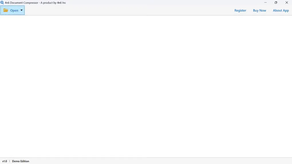 4n6 Document Compressor startup window with an Open button, Register and Buy Now links, and a v1.0 Demo Edition status bar