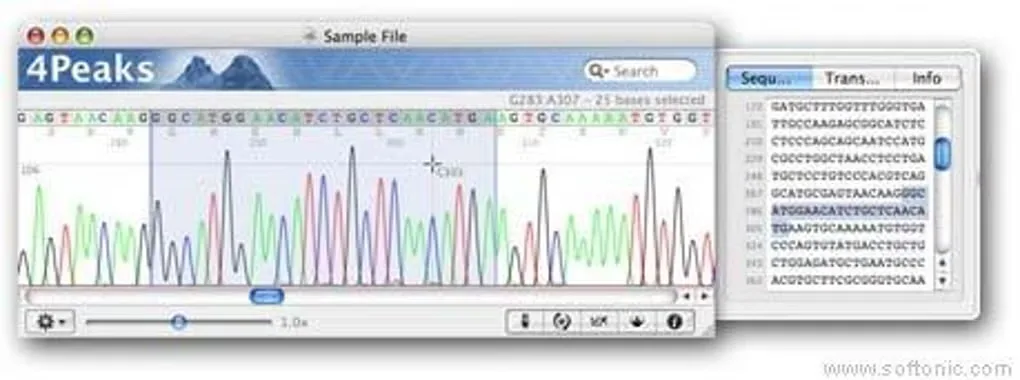 4Peaks on Mac showing colored DNA chromatogram peaks and a separate nucleotide sequence panel