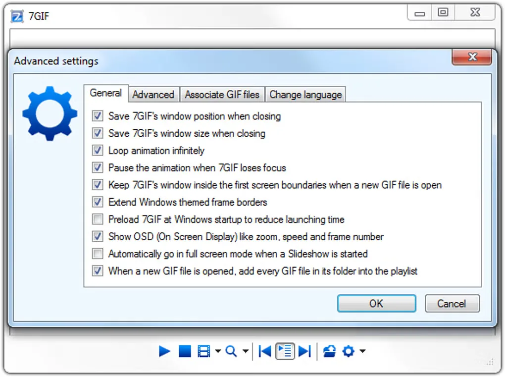 7GIF for Windows showing its Advanced settings dialog, General tab and playback toolbar.