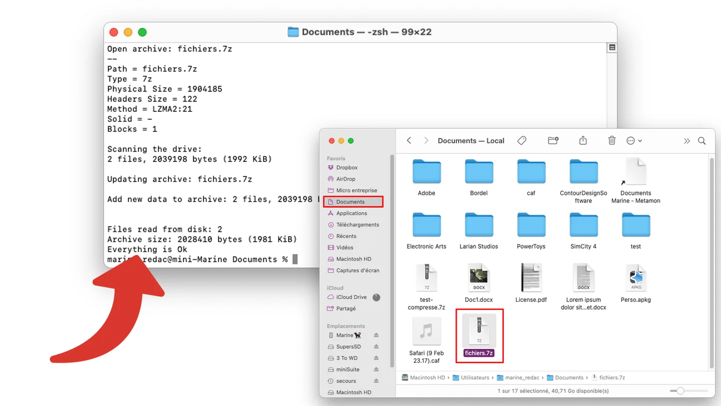 Historical 7-Zip Mac tutorial screenshot: Terminal shows archive output beside Finder with fichiers.7z selected.