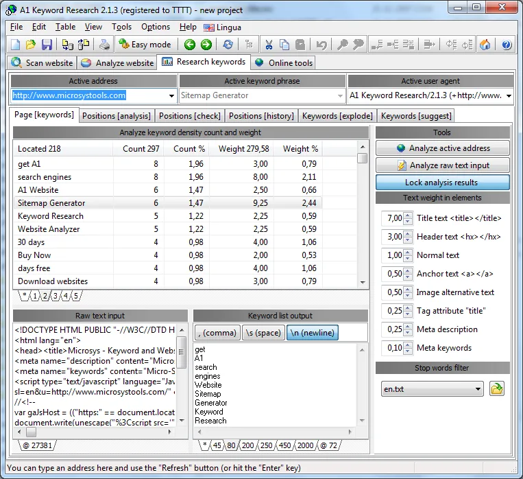 Historical A1 Keyword Research 2.1.3 Windows screenshot showing weighted keyword-density results and text-analysis controls