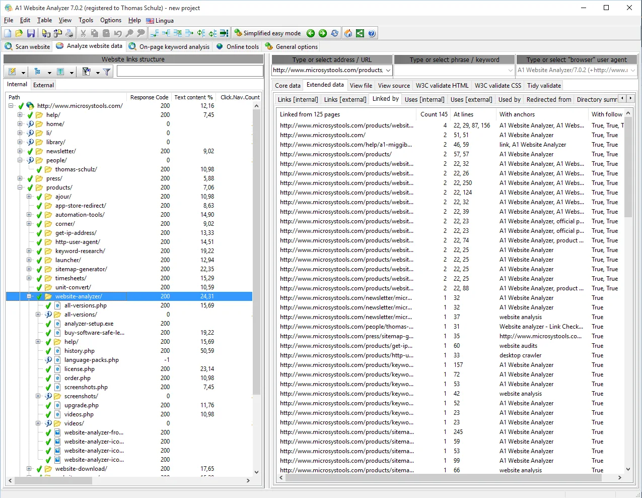 A1 Website Analyzer 7.0.2 on Windows: crawled URL tree on the left and incoming-link details on the right.