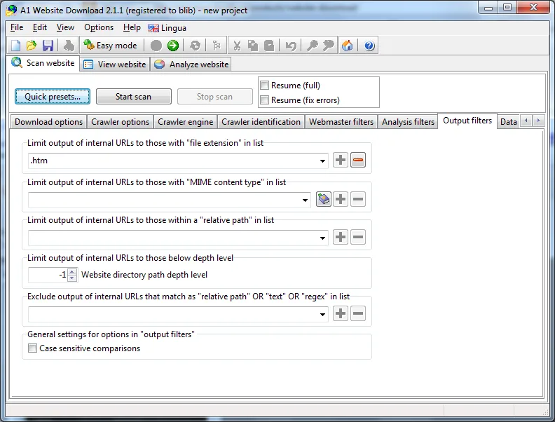 A1 Website Download 2.1.1 on Windows 7, showing Output filters for file extensions, MIME types, relative paths and crawl depth.