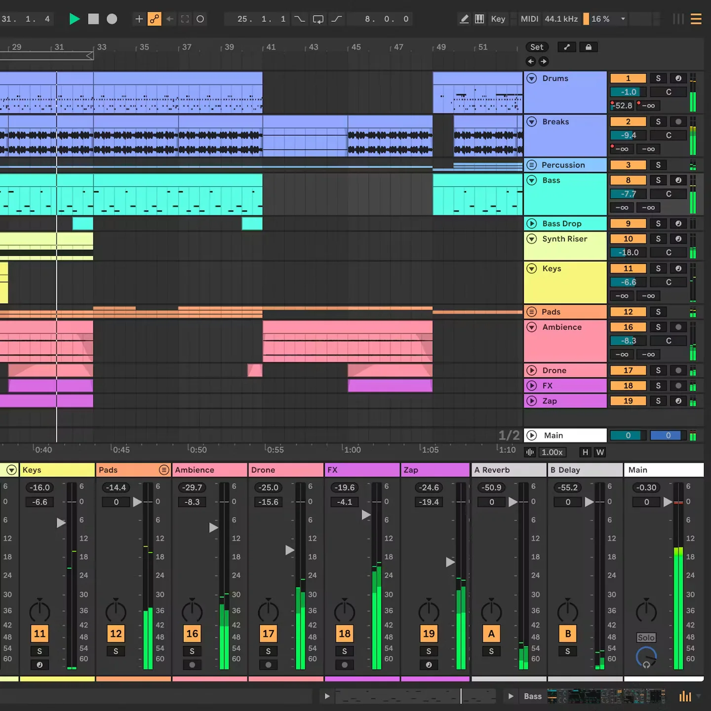 Ableton Live Arrangement View with colored audio and MIDI tracks and the mixer displayed below