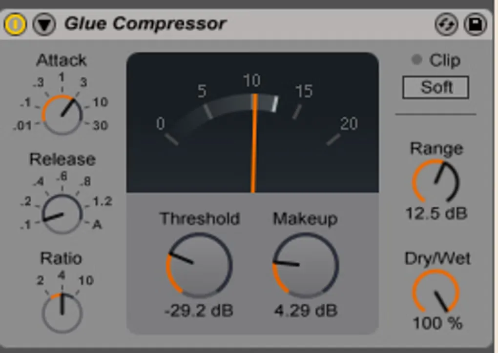 Ableton Live Glue Compressor device showing its gain-reduction meter and dynamics controls