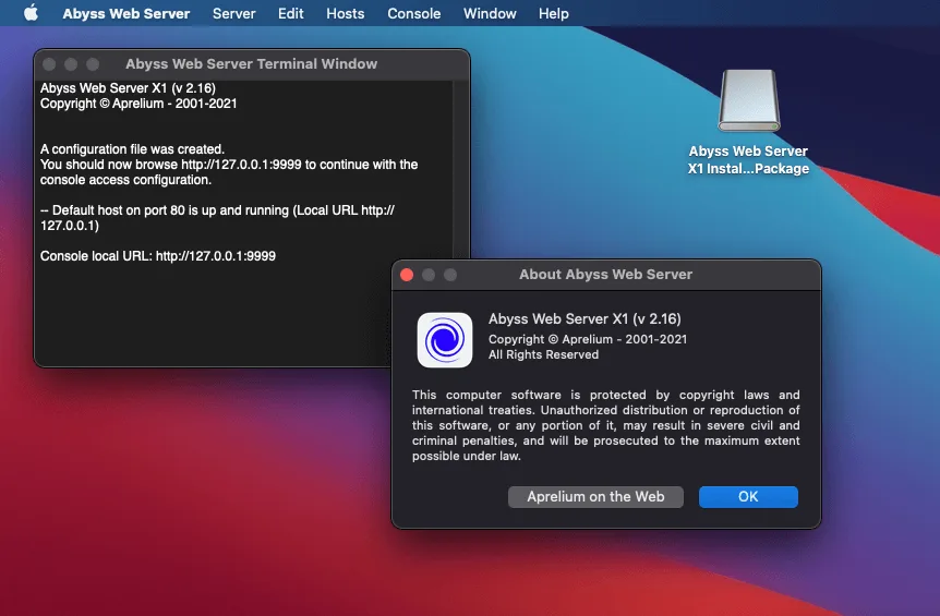 Publisher screenshot of Abyss Web Server X1 2.16 on macOS, showing its terminal status and About window.