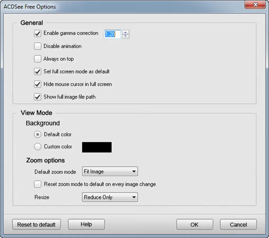 Legacy ACDSee Free Options dialog with gamma, full-screen, background and zoom controls; gallery version unspecified