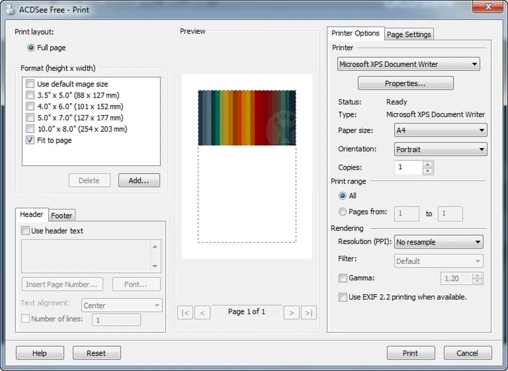 Legacy ACDSee Free Print dialog with image preview, paper formats and printer options; gallery version unspecified
