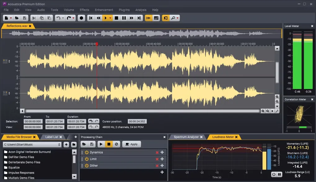 Acoustica Premium Edition on Windows showing stereo waveforms, level meters, media browser and a processing chain; gallery interface may differ from version 8.