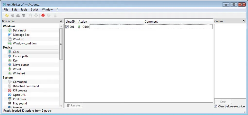 Historical Actiona Windows editor under its former name Actionaz, with an action palette, one Click step and a console.