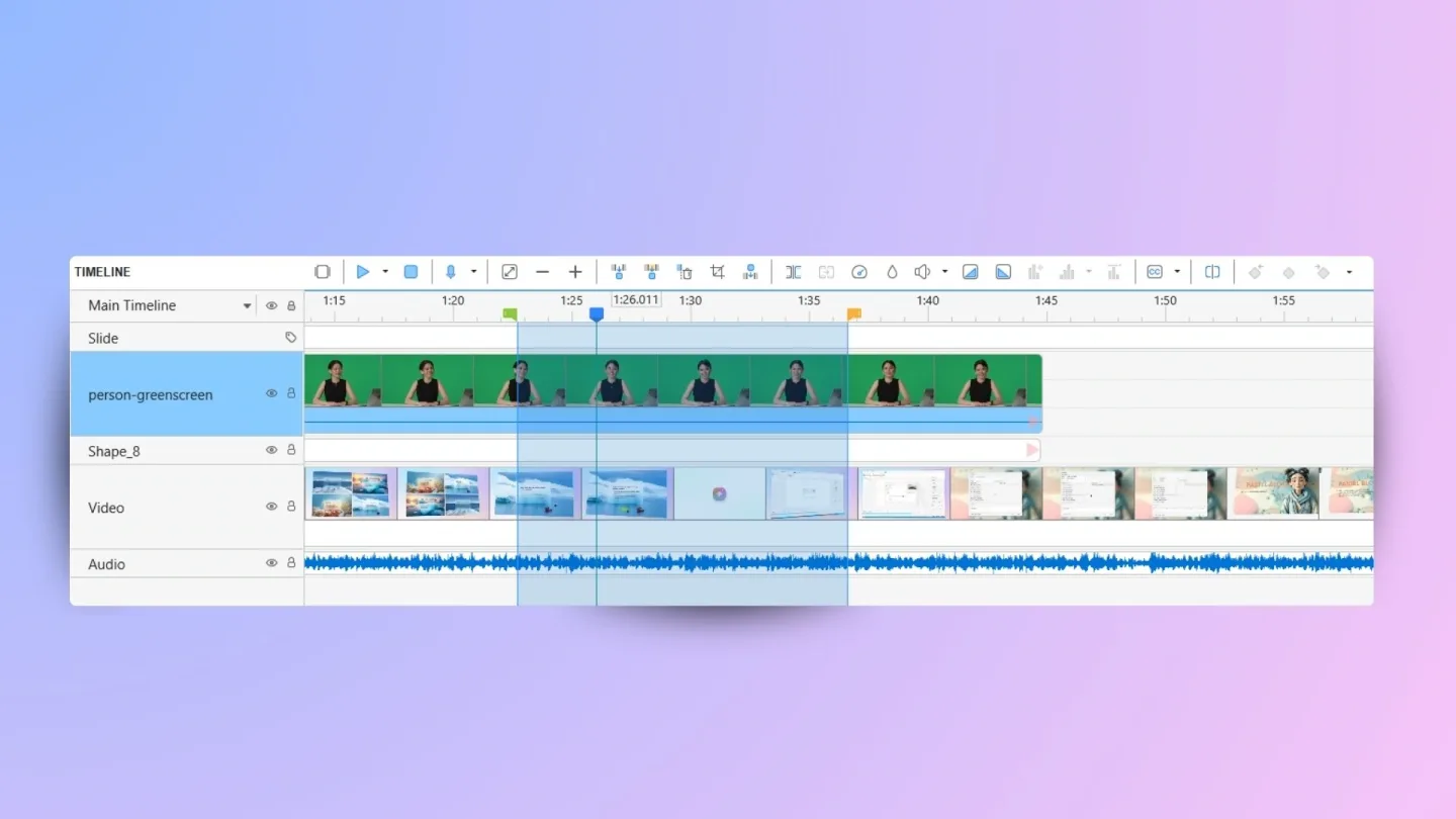 ActivePresenter timeline with separate presenter, video and audio tracks and a selected editing range