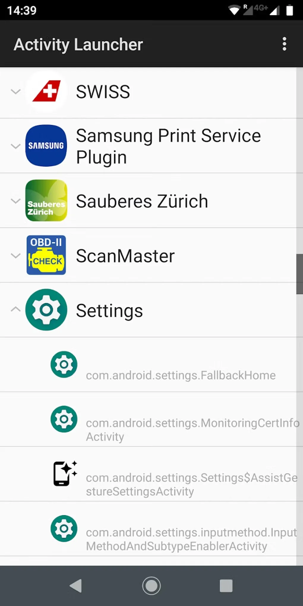Activity Launcher on Android listing installed apps, with Settings expanded to show individual activity class names