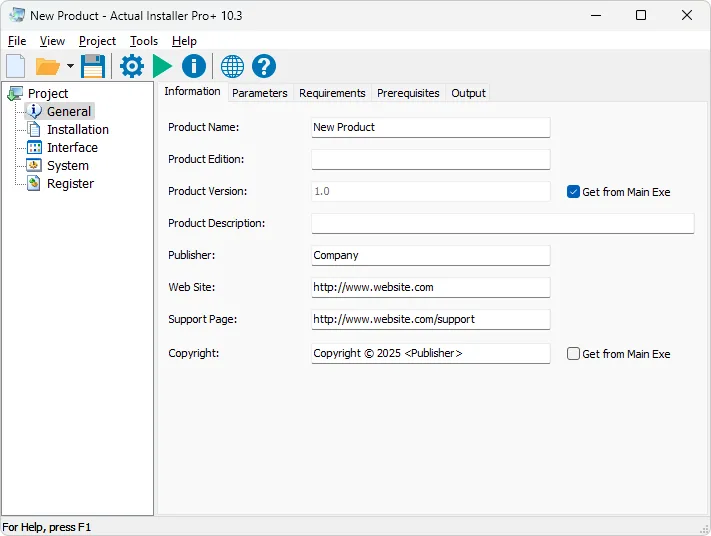 Actual Installer Pro+ 10.3 project editor showing General Information fields and the project tree