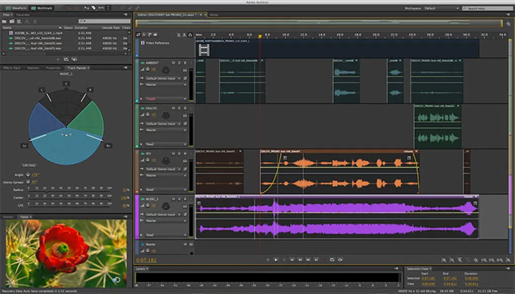 Older Adobe Audition multitrack workspace with colored audio waveforms, surround panner and video preview