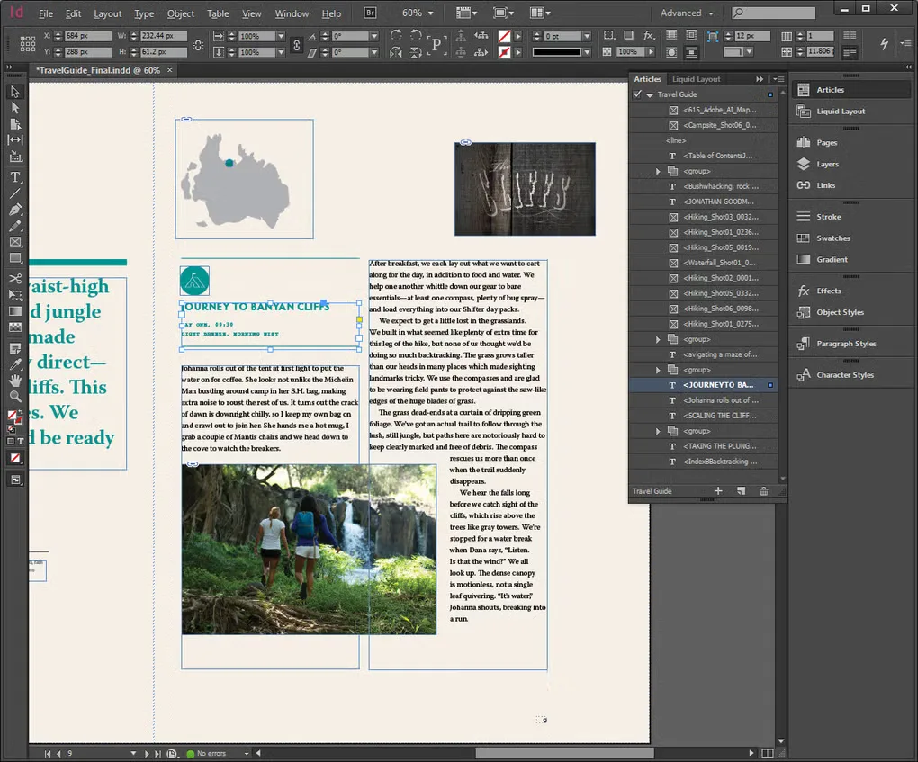 Older Adobe InDesign Windows workspace with a travel-guide page, selected text frame, photographs and Articles panel