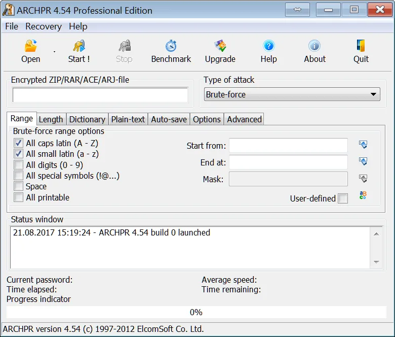 Publisher screenshot of ARCHPR 4.54 Professional Edition showing brute-force character ranges and password mask settings; older interface
