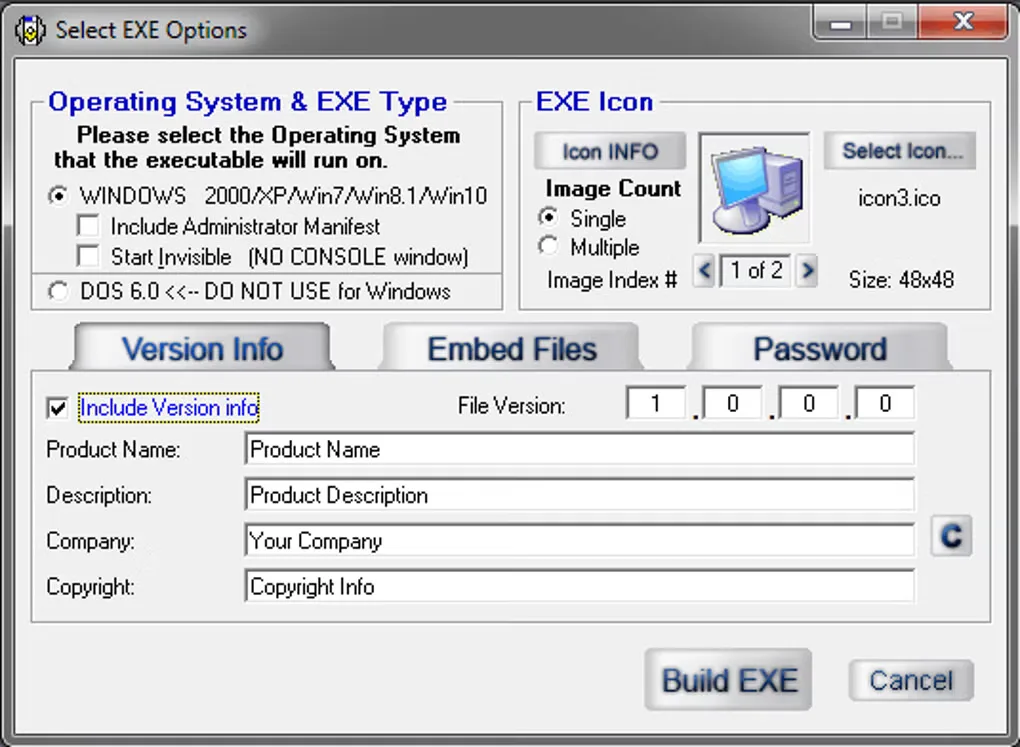 Advanced BAT to EXE Converter Select EXE Options dialog with icon selection, version information, embedded files and Build EXE controls; older interface.