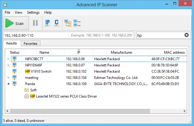 Advanced IP Scanner showing network scan results with device names, IP addresses, manufacturers, MAC addresses and an expanded shared folder.