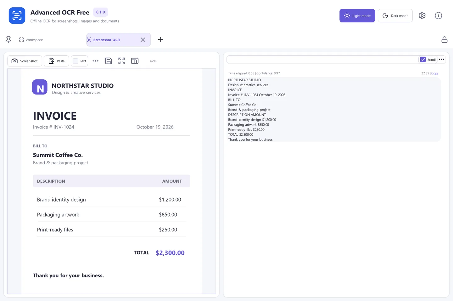 Advanced OCR Free 8.1.0 showing an invoice image beside its recognized text in the Screenshot OCR workspace.
