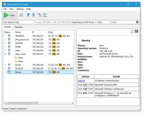 Advanced Port Scanner main window showing network computers, open ports and service details for a selected computer