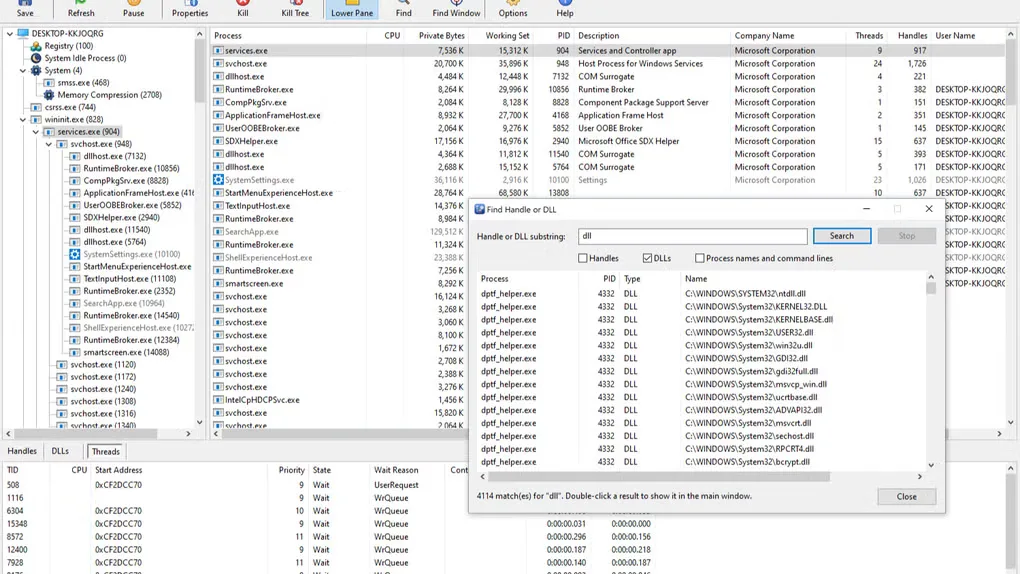 Advanced Process Explorer showing a Windows process tree, process list, thread pane and Find Handle or DLL search results