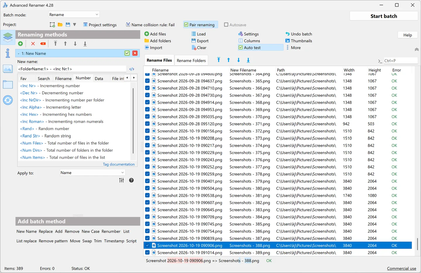 Advanced Renamer 4.28 on Windows showing a New Name rule, numbered filename previews and the Start batch control.