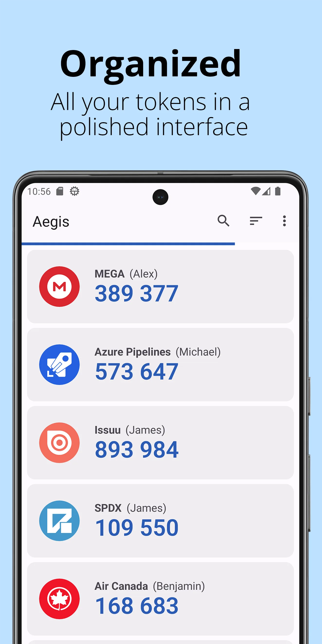Publisher screenshot of Aegis on Android showing a light-theme account list with service icons and six-digit verification codes.