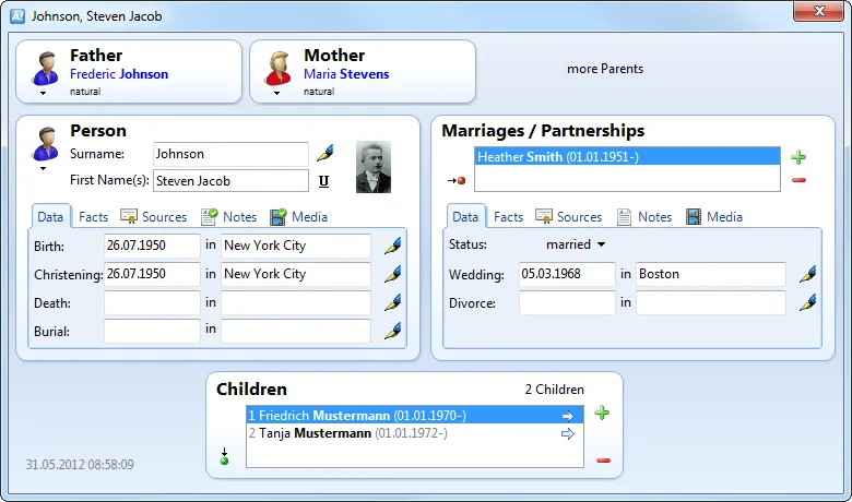 Ages! publisher tour screenshot showing a person's parents, life events, marriage and children in a Windows person window.