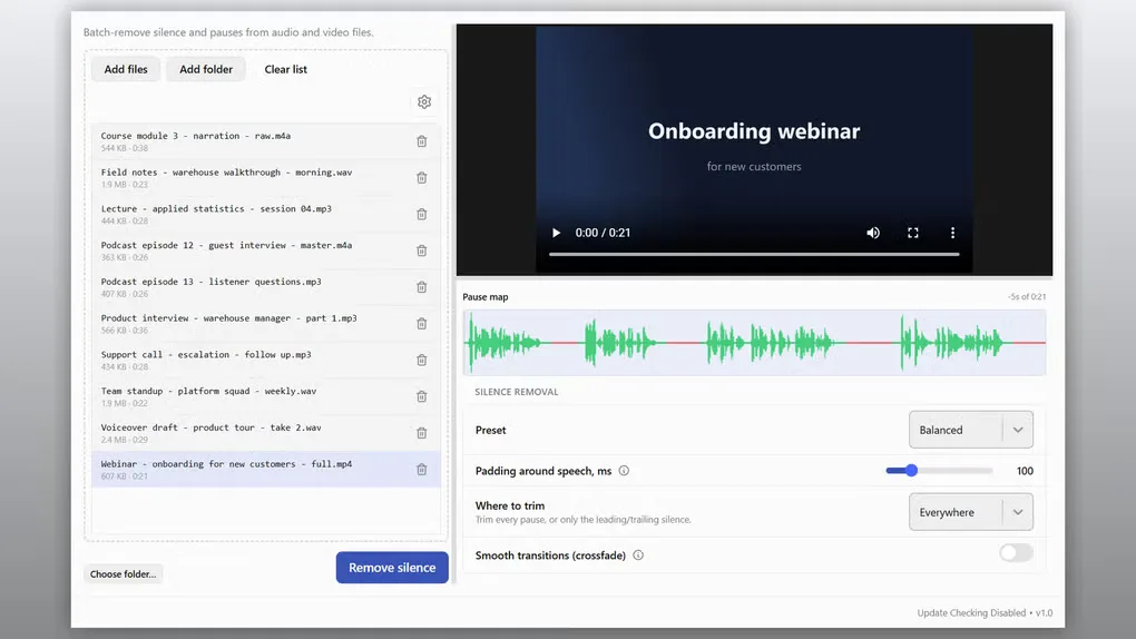 Voice Silence Remover showing a batch file queue, webinar video preview, speech pause map, Balanced preset and padding controls