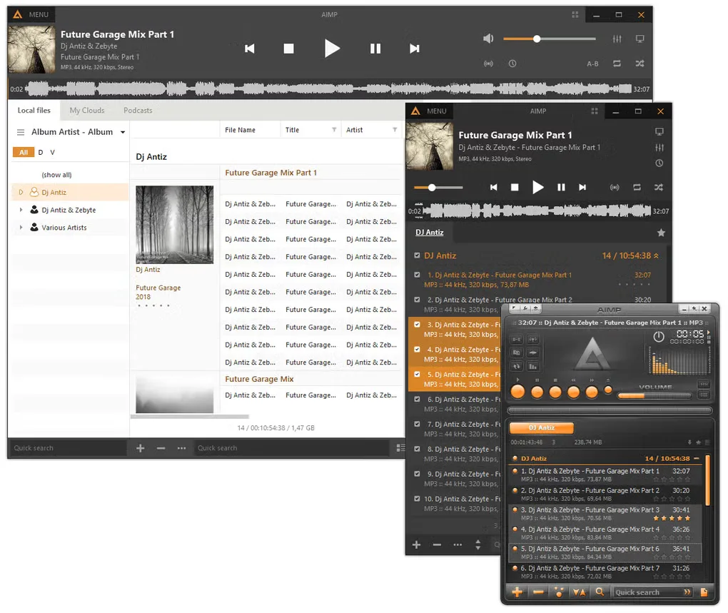 AIMP for Windows music library, waveform playback controls and playlist windows in different skins; source screenshot build unverified.