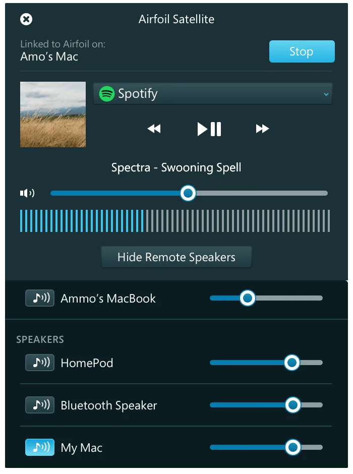 Airfoil Satellite Windows receiver linked to a Mac, with Spotify playback, track information and remote speaker volume controls