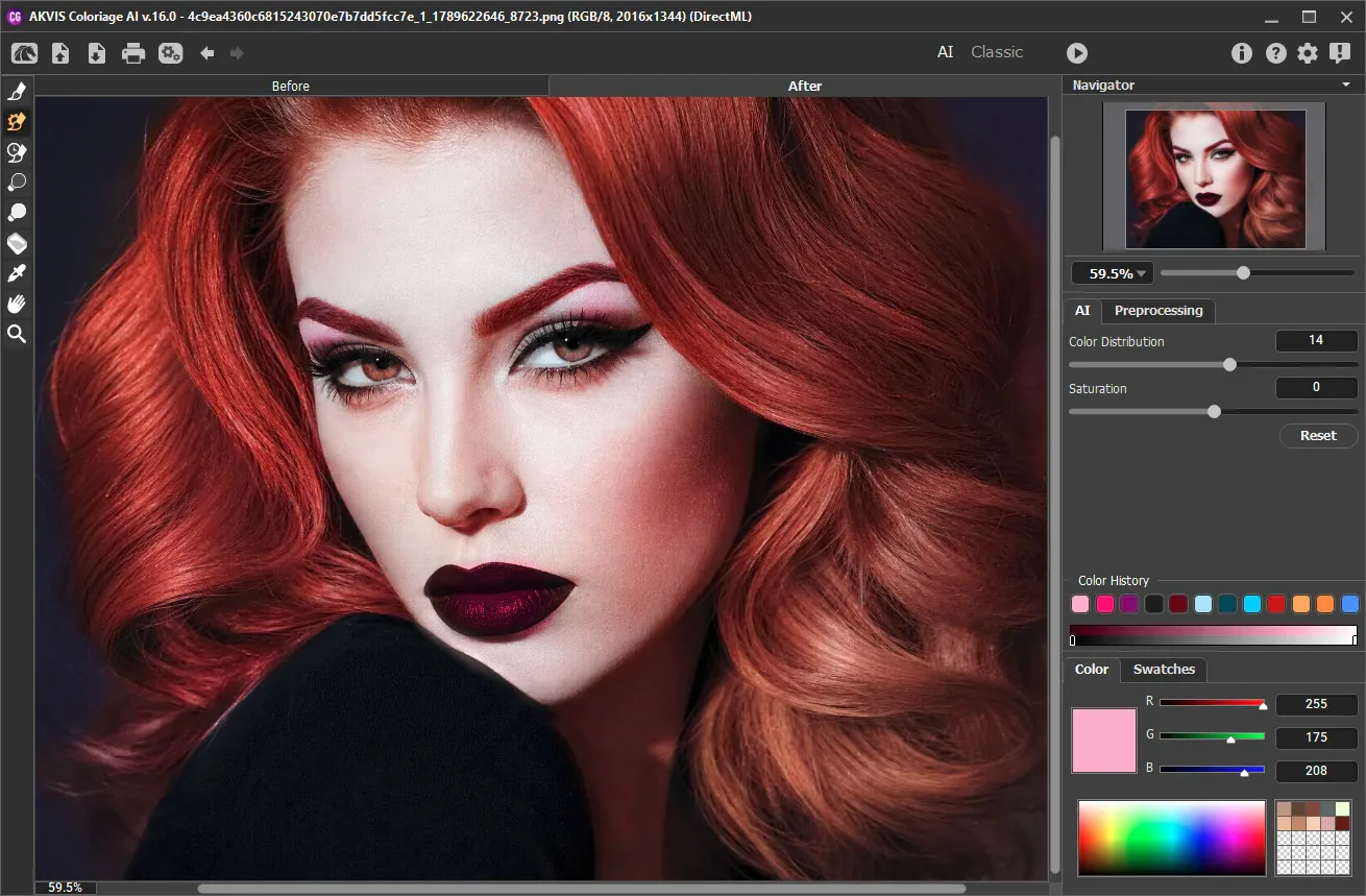 AKVIS Coloriage AI 16.0 on Windows showing a color portrait, AI and Classic modes, navigator and color-adjustment tools