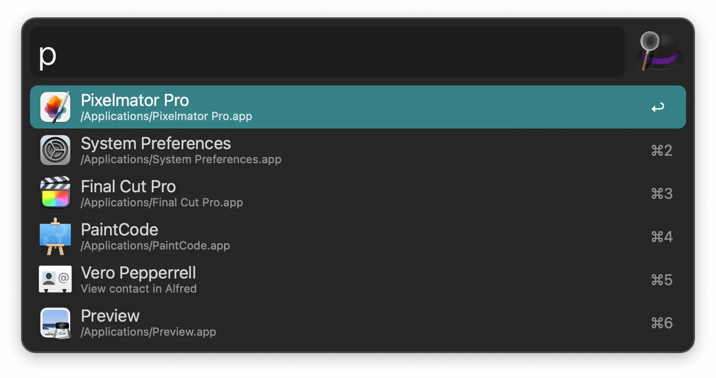 Alfred's dark search window with the query p and application results including Pixelmator Pro, System Preferences and Preview.