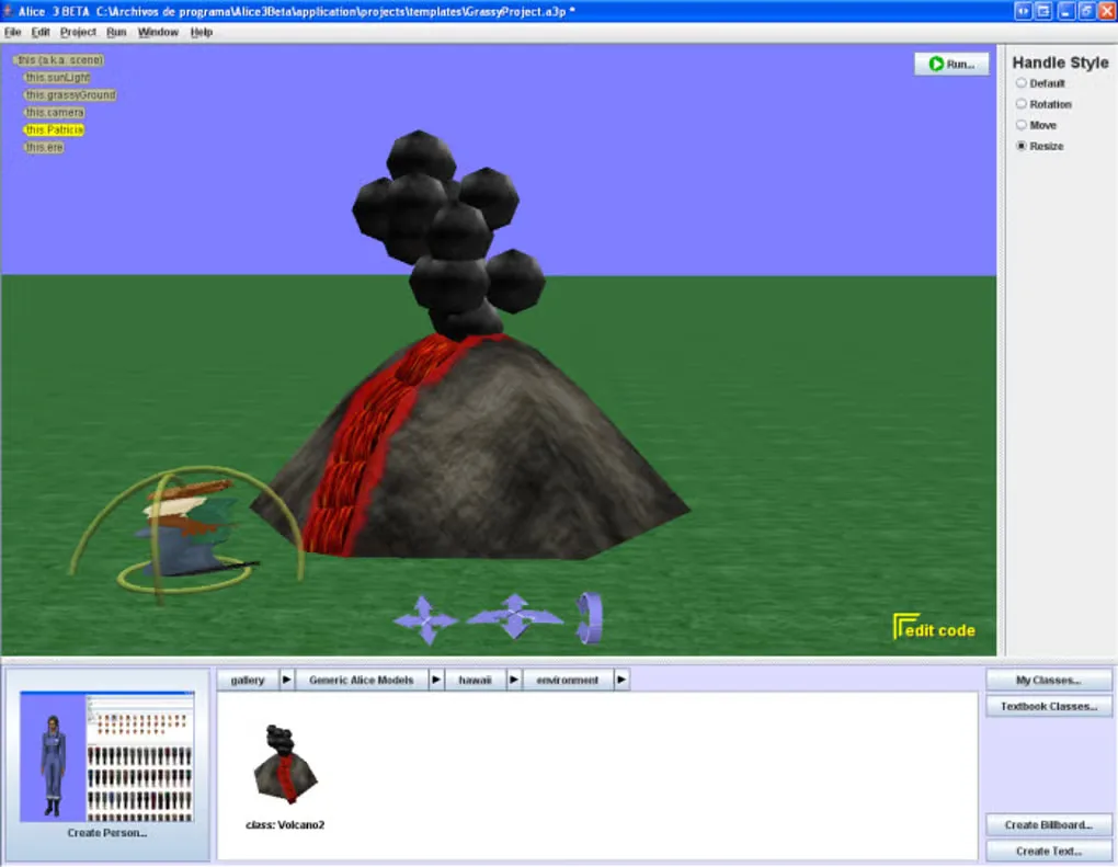Historical Alice 3 beta scene editor on Windows showing a volcano, object controls and model gallery