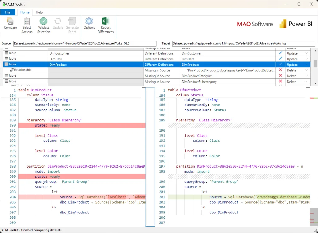 ALM Toolkit comparison window showing table differences and side-by-side TMDL metadata for a selected DimProduct table.