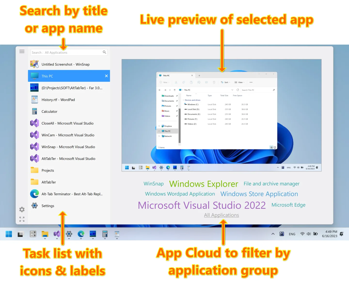Alt-Tab Terminator light-theme task switcher showing title search, a Windows Explorer preview and App Cloud filters, with publisher annotations.