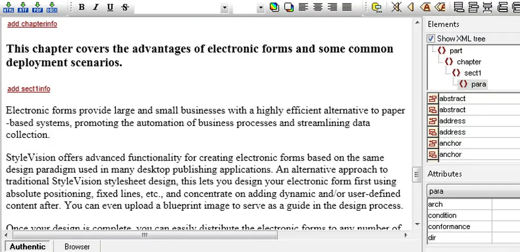 Older Altova Authentic interface showing a formatted XML document, toolbar, XML elements tree and attributes pane.