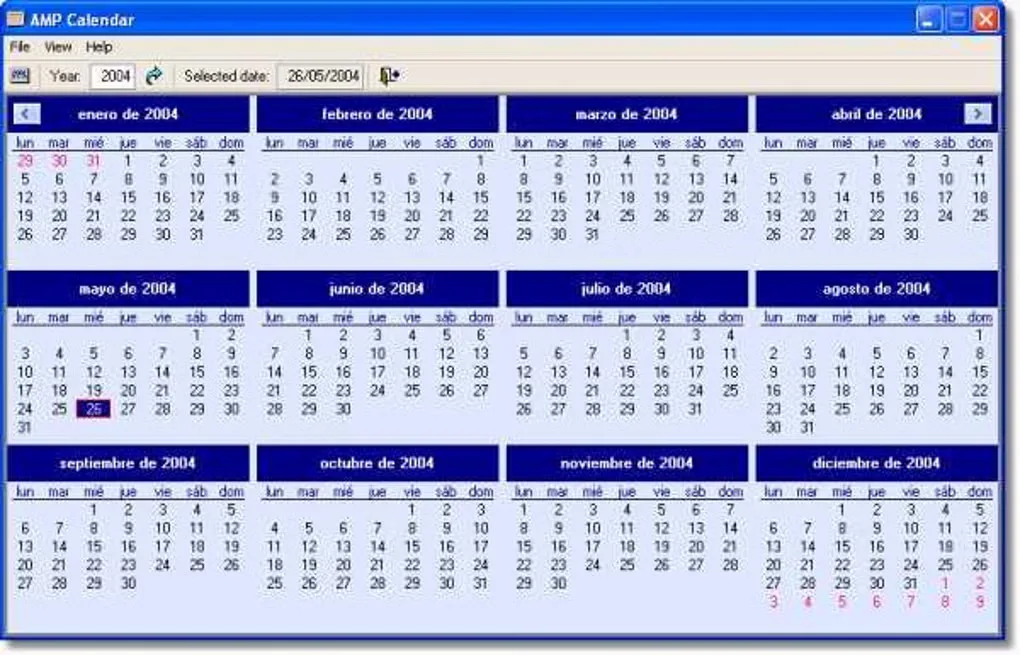 AMP Calendar showing all twelve months of 2004 in four columns, with Spanish month names and May 26 selected.