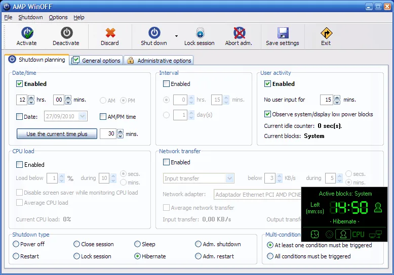 AMP WinOFF shutdown planning window with timer, inactivity conditions, shutdown actions and an active countdown display