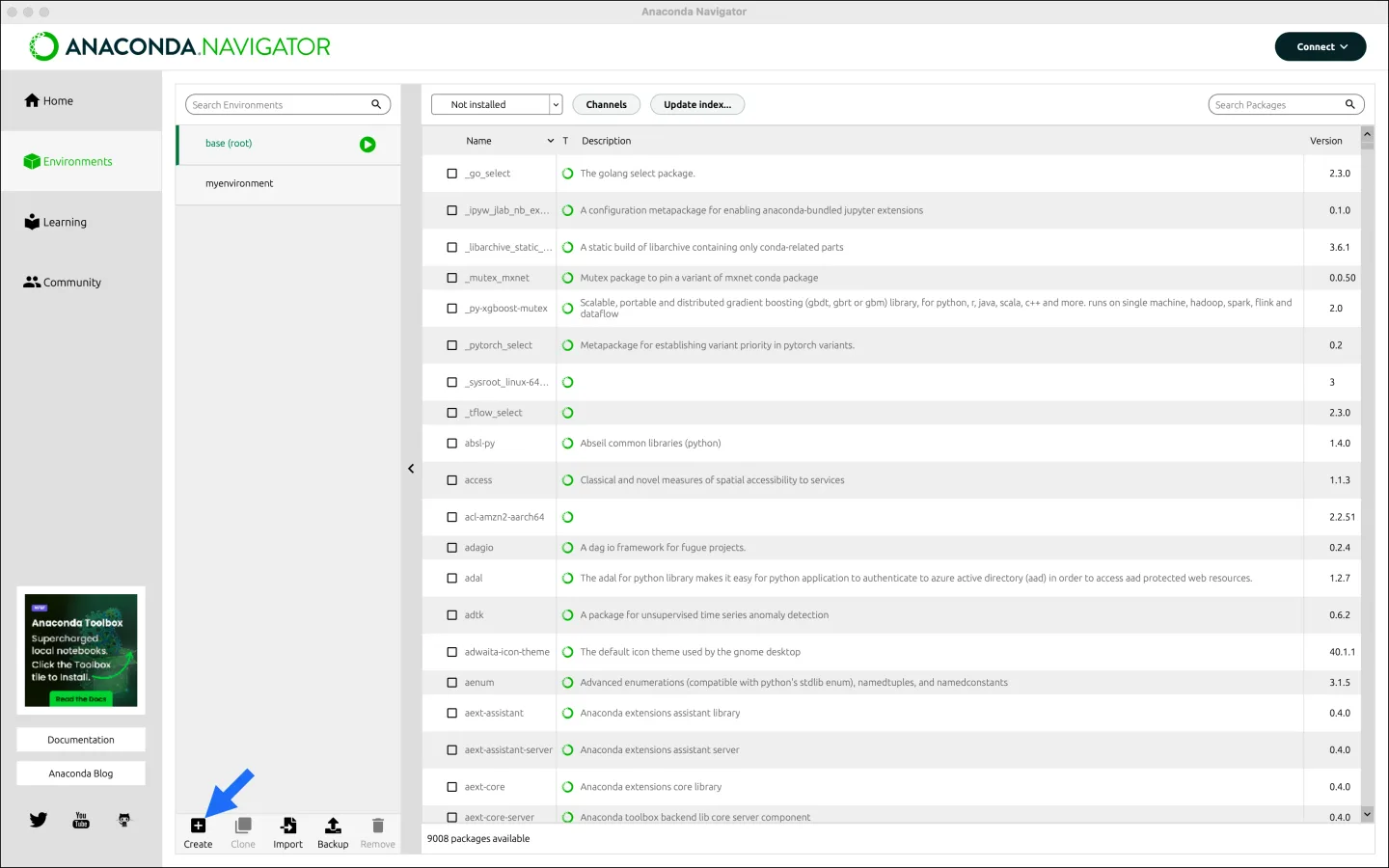 Publisher’s macOS example of Anaconda Navigator showing environments, available packages and the Create control; Windows appearance differs.