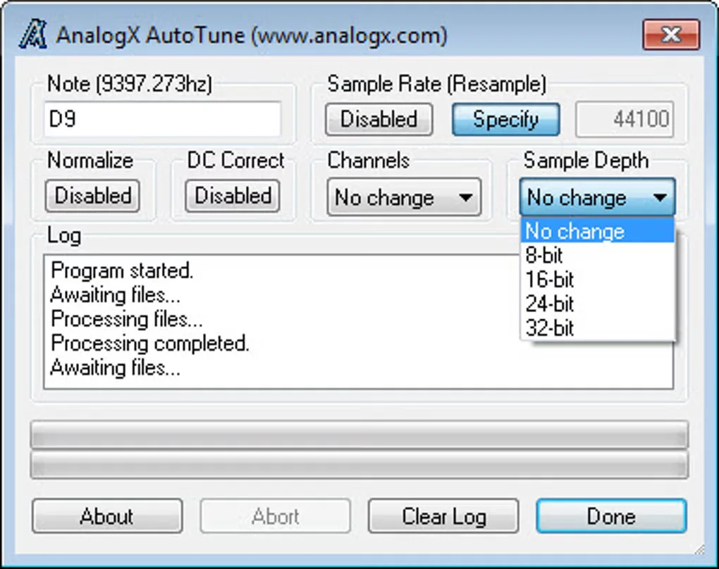 AnalogX AutoTune window with the sample-depth menu open, showing 8-, 16-, 24- and 32-bit options