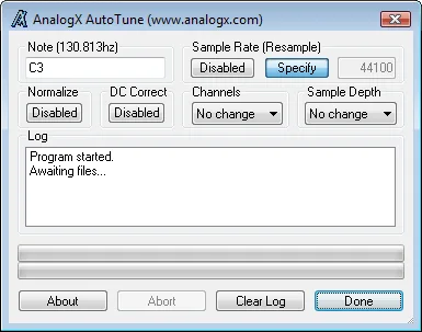 AnalogX AutoTune main window showing target note C3, resampling, normalization, DC correction and processing log