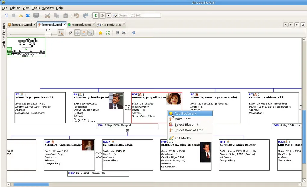 Historical Ancestris 0.8 family-tree view with linked person cards and an open context menu