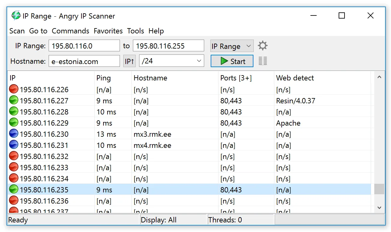 Angry IP Scanner 3.x Windows interface with IP range controls and ping, hostname, ports and web-detection results.